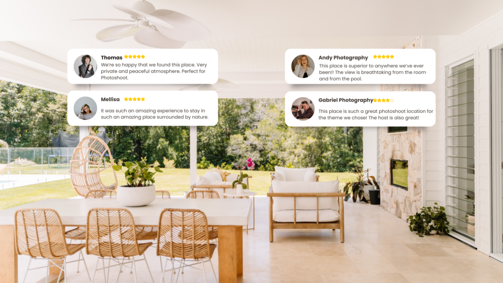 Positive client testimonials showcased in a photoshoot location listing.