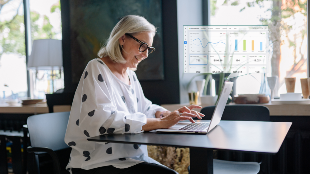 Woman on a laptop at home, creating paid advertising campaigns on platforms like Google Ads, Facebook, and Instagram to promote her photoshoot location