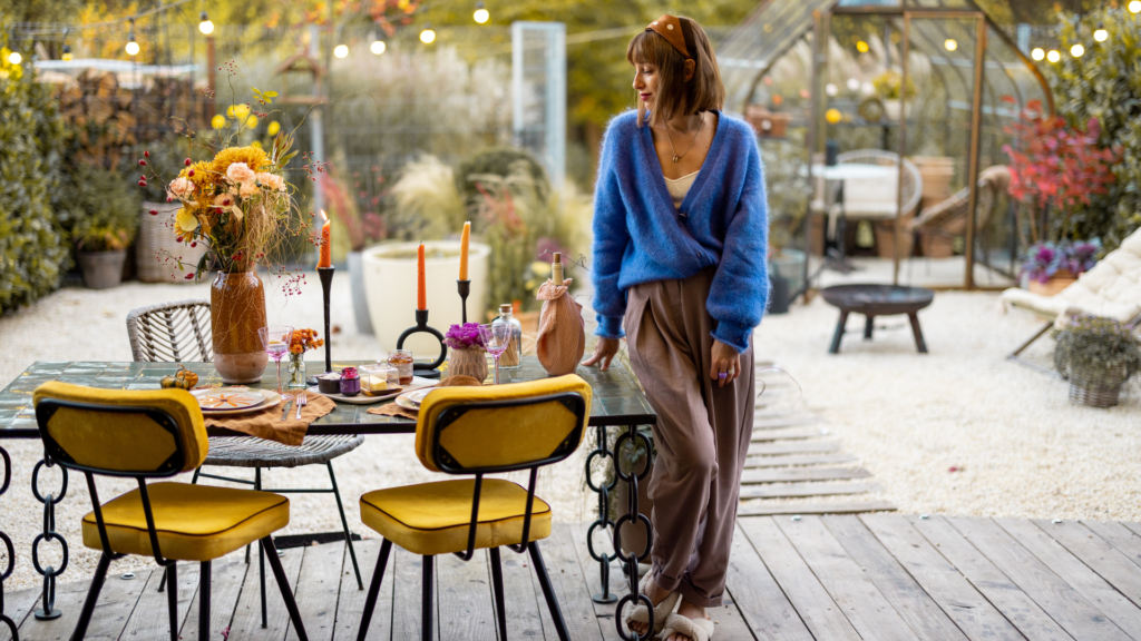 A person in a beautifully landscaped outdoor space.